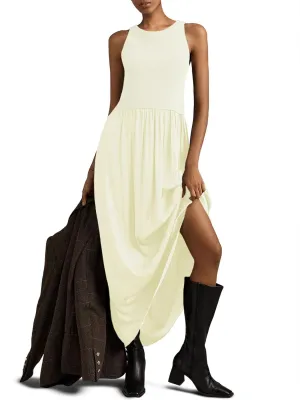 Wenrine Womens Summer Sleeveless Maxi Dress Casual Patchwork Crewneck Ribbed Knit Pleated Long Tank Dresses