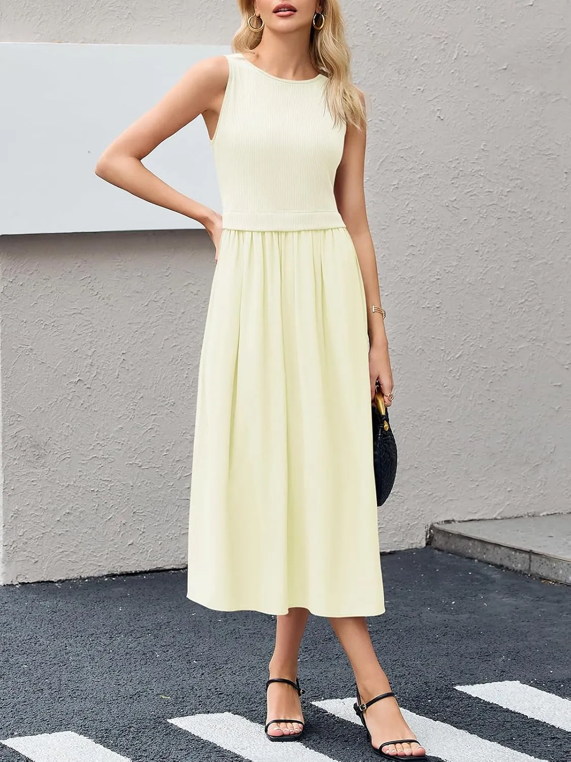 Wenrine Womens Summer Sleeveless Maxi Dress Casual Patchwork Crewneck Ribbed Knit Pleated Long Tank Dresses