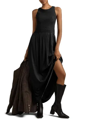 Wenrine Womens Summer Sleeveless Maxi Dress Casual Patchwork Crewneck Ribbed Knit Pleated Long Tank Dresses