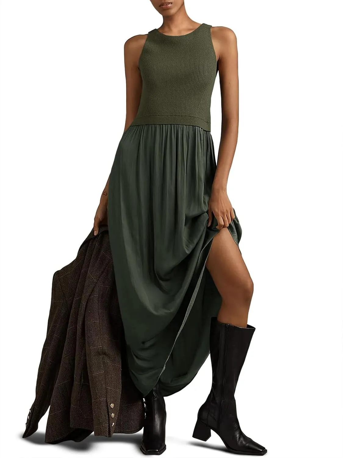 Wenrine Womens Summer Sleeveless Maxi Dress Casual Patchwork Crewneck Ribbed Knit Pleated Long Tank Dresses