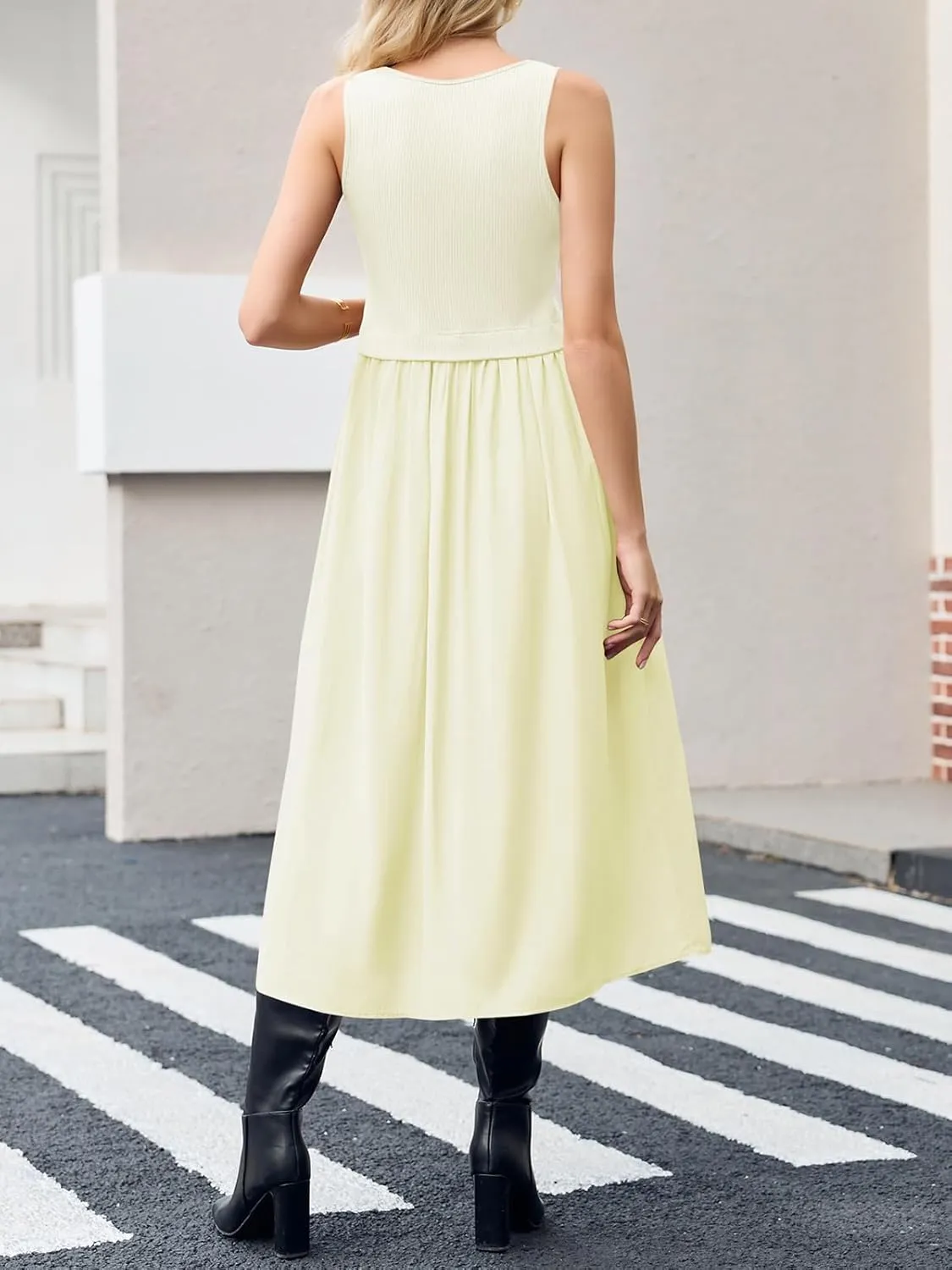 Wenrine Womens Summer Sleeveless Maxi Dress Casual Patchwork Crewneck Ribbed Knit Pleated Long Tank Dresses