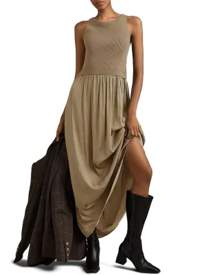 Wenrine Womens Summer Sleeveless Maxi Dress Casual Patchwork Crewneck Ribbed Knit Pleated Long Tank Dresses