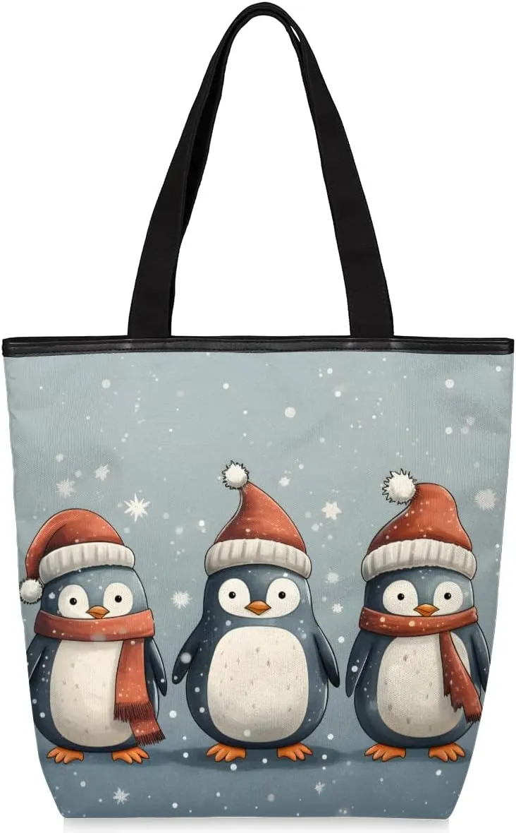 Winter Penguin Snowflake Canvas Tote Bag with Zipper and Pockets Canvas Tote Shopping Bag Women Reusable Grocery Bag for Beach Travel Gym Shopping