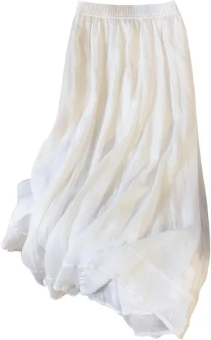 Women Bohemian Beach Linen Dress Elastic High Waist Long Maxi Skirt Lightweight Flowy Pleated Ankle Skirts
