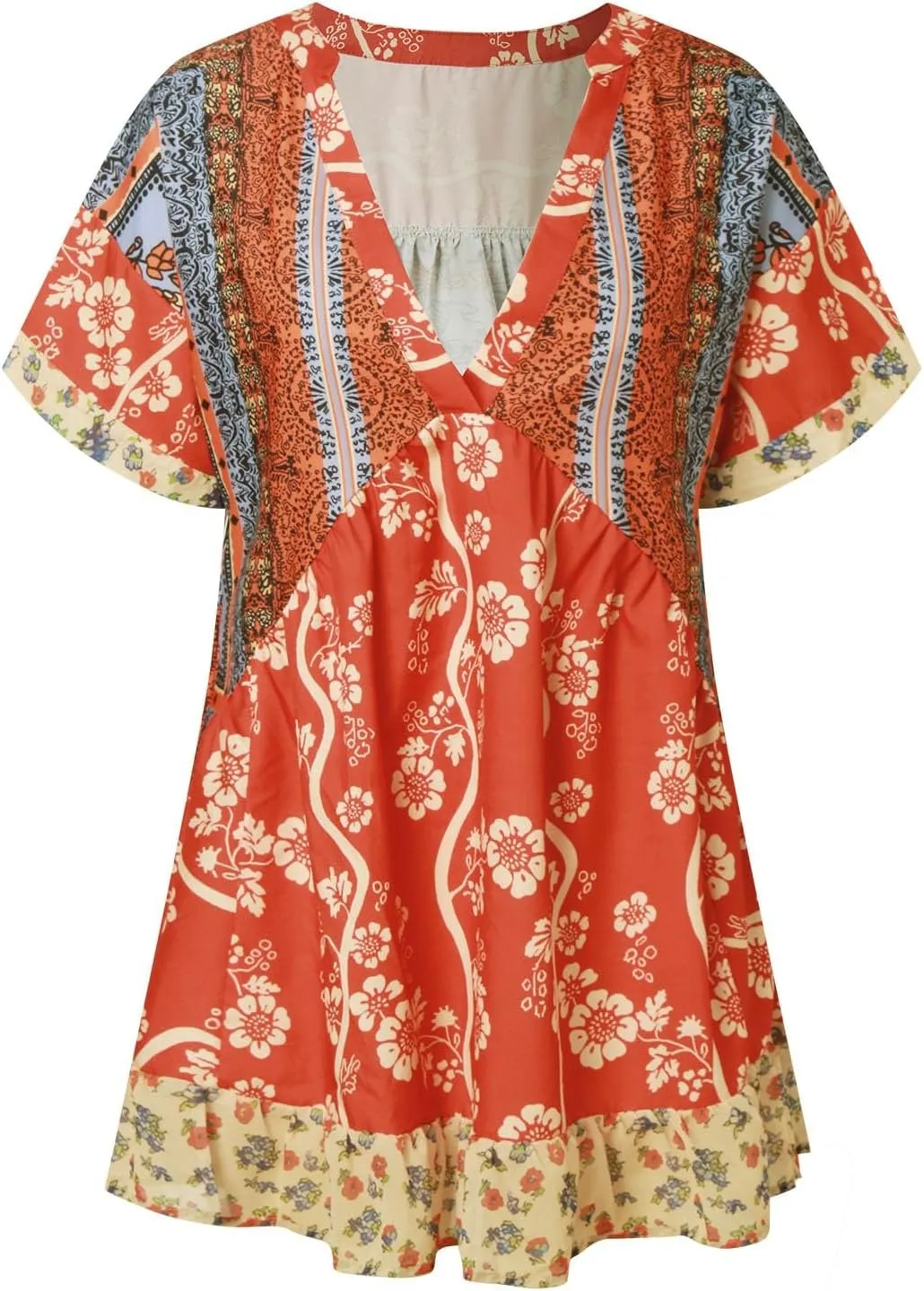 Women Boho Summer Dresses Y2K Babydoll Flowy Dress Ruffle Mini Dress Deep V-Neck Casual Floral Sundress 2025 Clothes