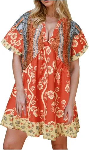 Women Boho Summer Dresses Y2K Babydoll Flowy Dress Ruffle Mini Dress Deep V-Neck Casual Floral Sundress 2025 Clothes