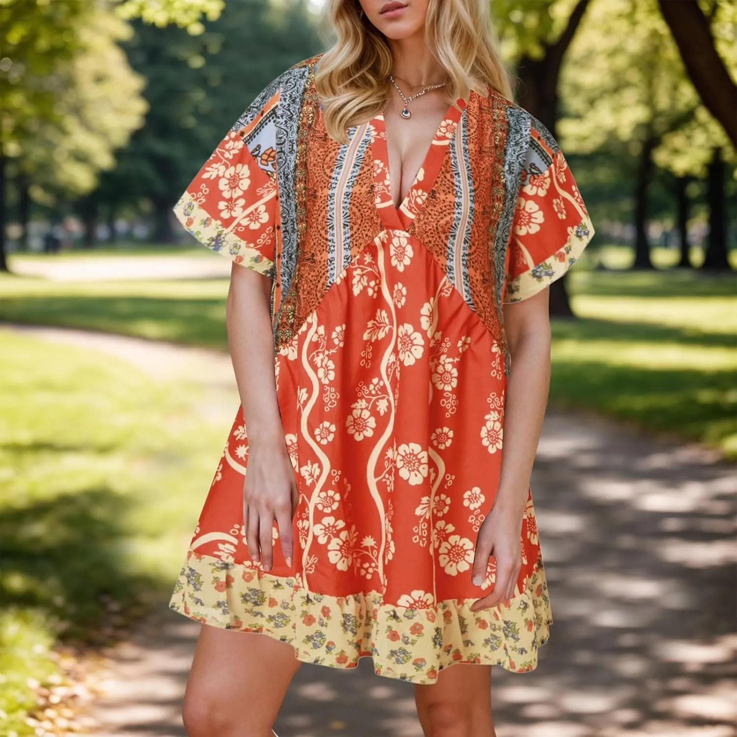 Women Boho Summer Dresses Y2K Babydoll Flowy Dress Ruffle Mini Dress Deep V-Neck Casual Floral Sundress 2025 Clothes