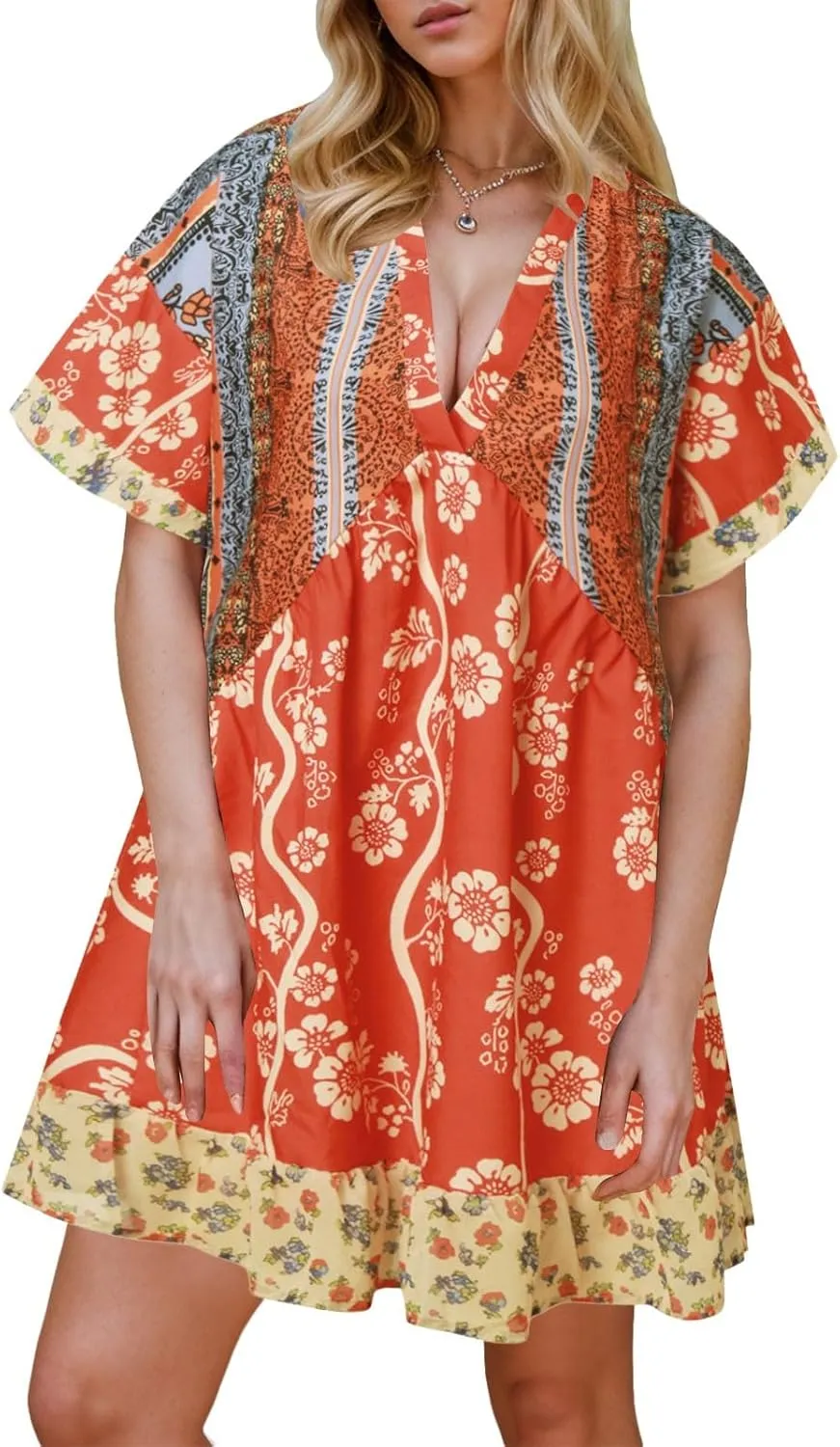 Women Boho Summer Dresses Y2K Babydoll Flowy Dress Ruffle Mini Dress Deep V-Neck Casual Floral Sundress 2025 Clothes