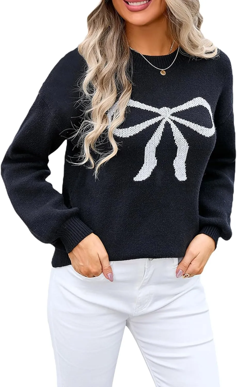 Women Bow Graphic Sweater Long Sleeve Y2k Bow Print Oversized Knitted Pullover Crew Neck Contrast Jumper Tops Knitwear
