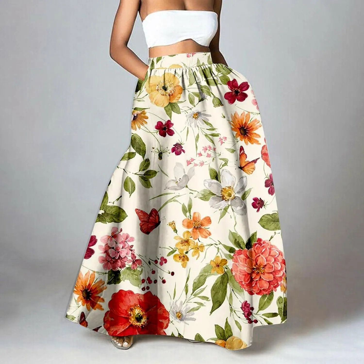Women Casual Boho Floral Maxi Skirt Elastic High Waist Tiered Pleated Flowy Long Summer Beach Skirt