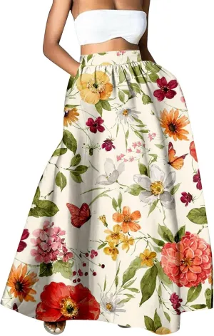 Women Casual Boho Floral Maxi Skirt Elastic High Waist Tiered Pleated Flowy Long Summer Beach Skirt