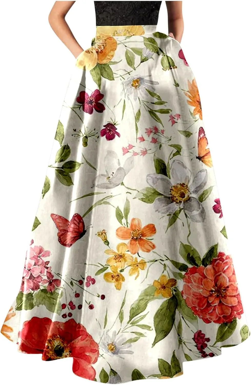 Women Casual Boho Floral Maxi Skirt Elastic High Waist Tiered Pleated Flowy Long Summer Beach Skirt