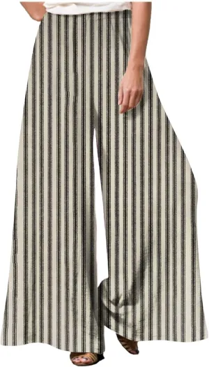Women Casual High Waist Wide Leg Pants Summer Plus Size Stripe Print Long Palazzo Pants Lounge Beach Trousers 2024