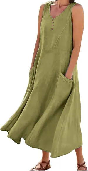 Women Cotton Linen Summer Dresses 2024 Trendy Maxi Dress Flowy Sleeveless Long Sundresses Boho Casual Vacation Clothes