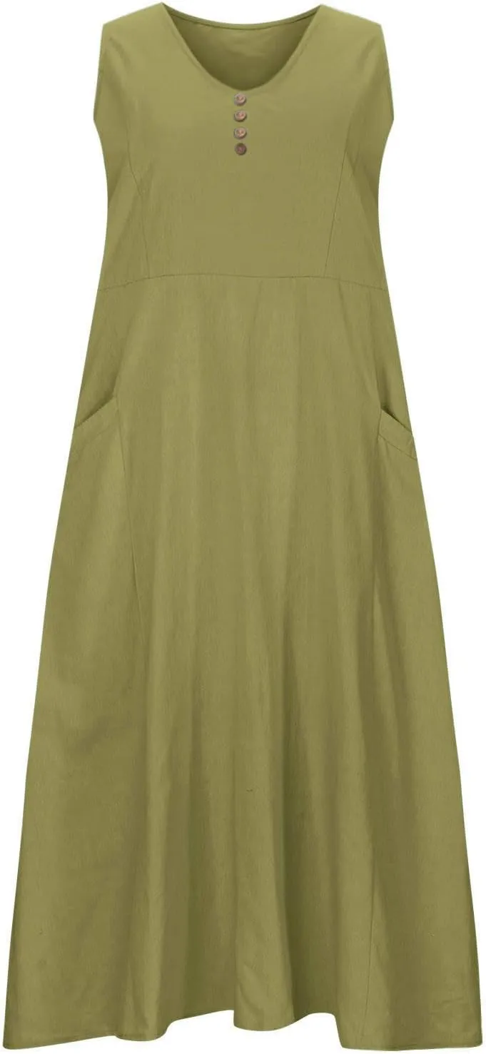 Women Cotton Linen Summer Dresses 2024 Trendy Maxi Dress Flowy Sleeveless Long Sundresses Boho Casual Vacation Clothes