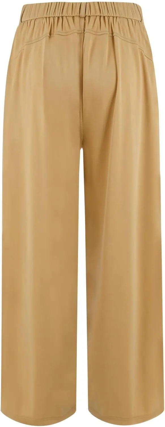 Women Elastic High Waist Palazzo Pants Casual Wide Leg Trousers Loose Work Office Business Suit Pant with Pockets