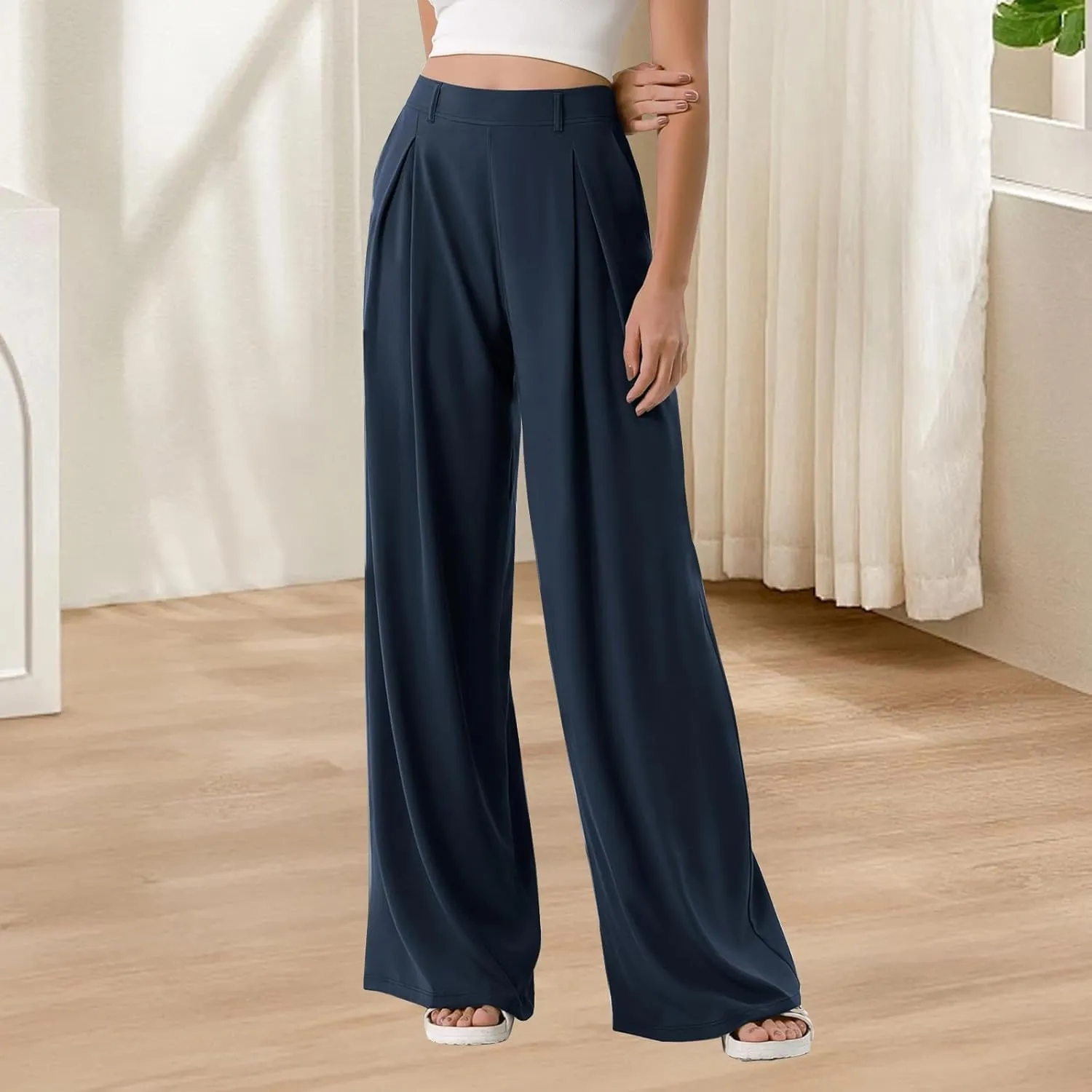 Women Elastic High Waist Palazzo Pants Casual Wide Leg Trousers Loose Work Office Business Suit Pant with Pockets