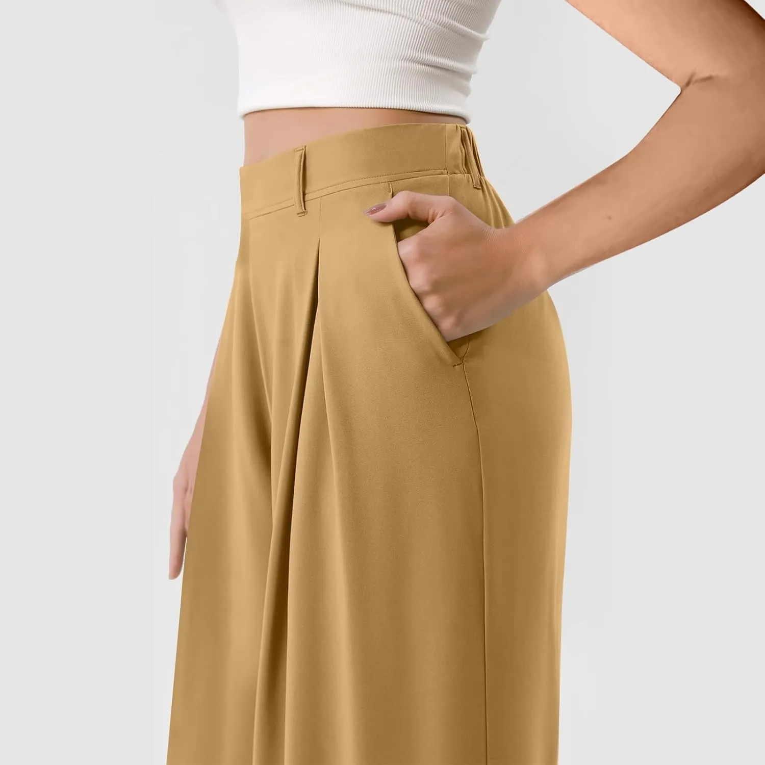 Women Elastic High Waist Palazzo Pants Casual Wide Leg Trousers Loose Work Office Business Suit Pant with Pockets