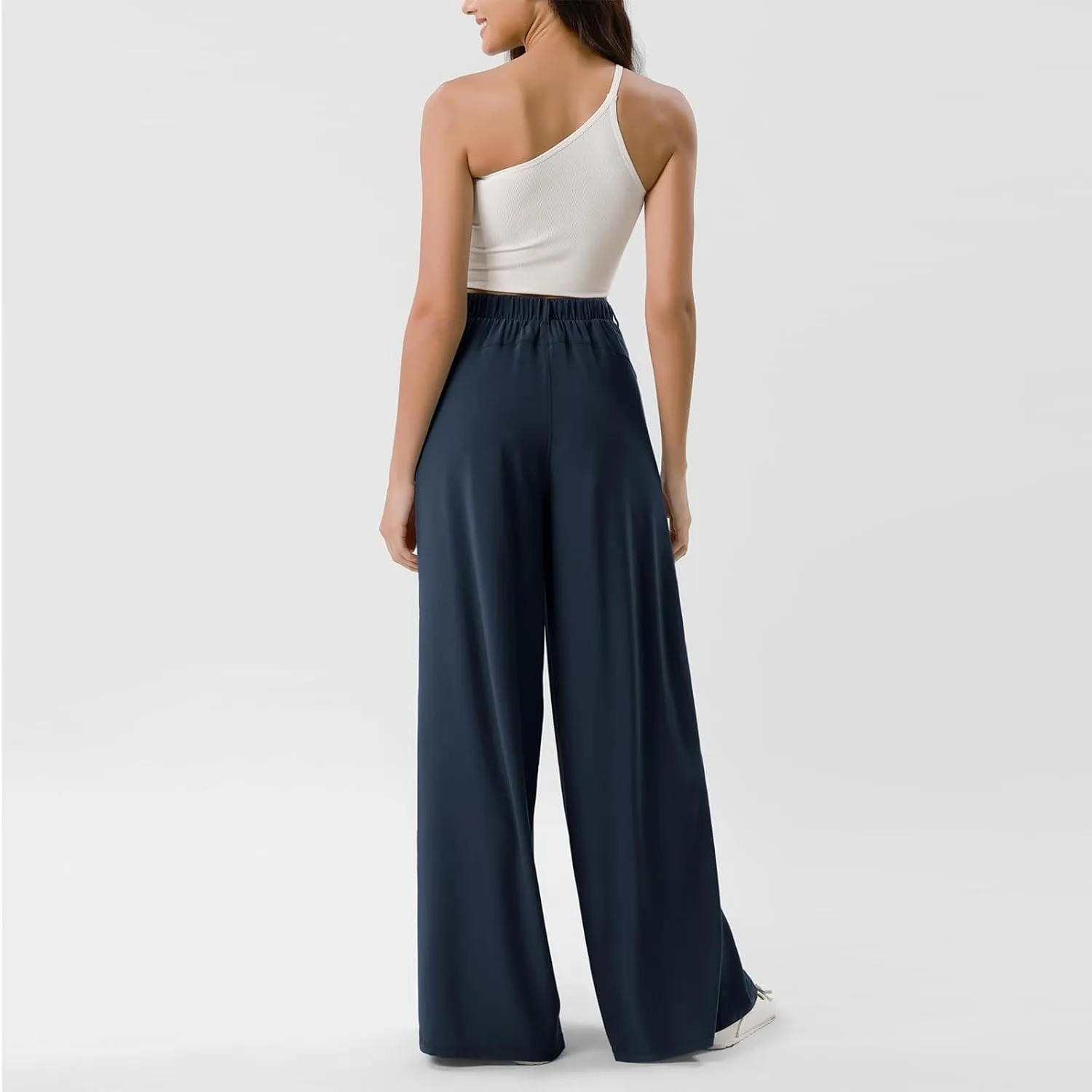 Women Elastic High Waist Palazzo Pants Casual Wide Leg Trousers Loose Work Office Business Suit Pant with Pockets