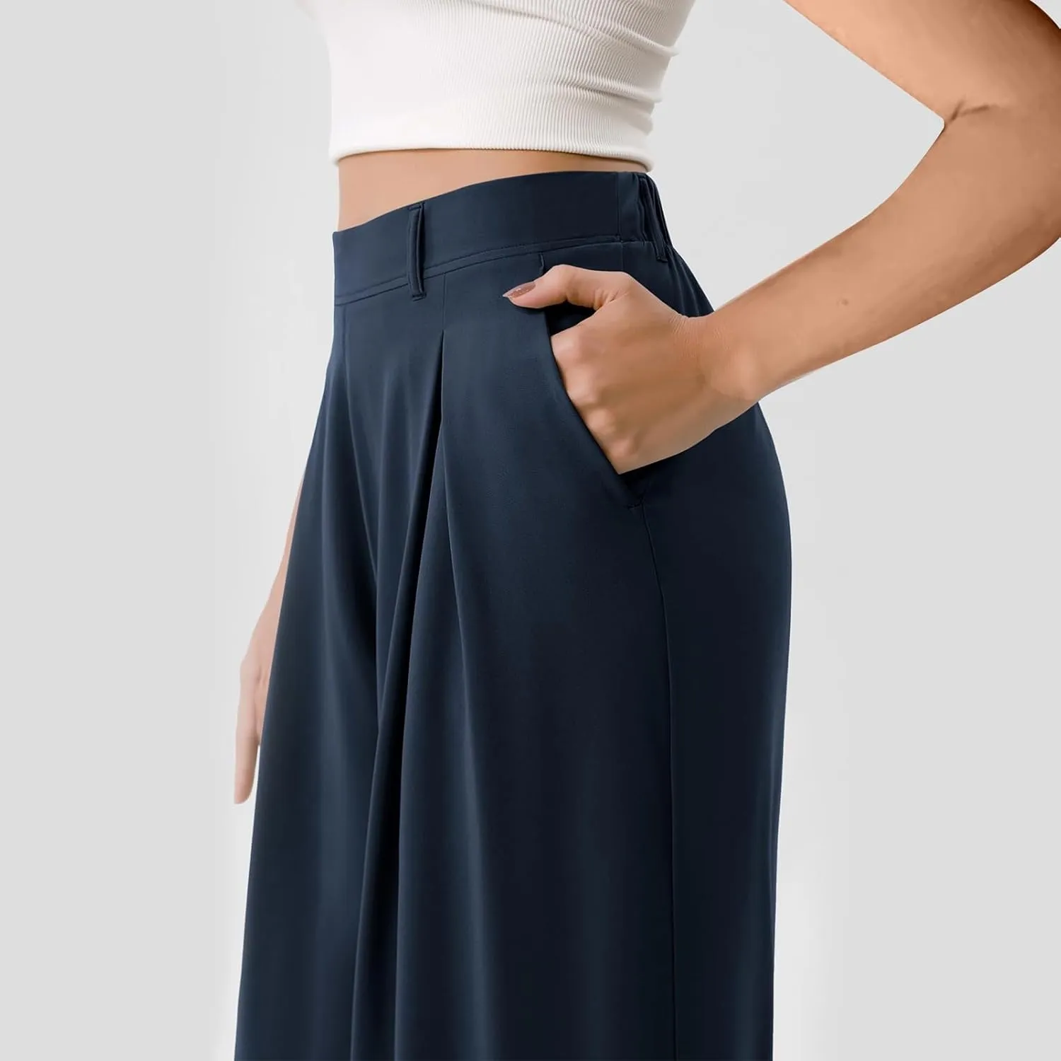 Women Elastic High Waist Palazzo Pants Casual Wide Leg Trousers Loose Work Office Business Suit Pant with Pockets