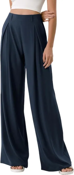 Women Elastic High Waist Palazzo Pants Casual Wide Leg Trousers Loose Work Office Business Suit Pant with Pockets