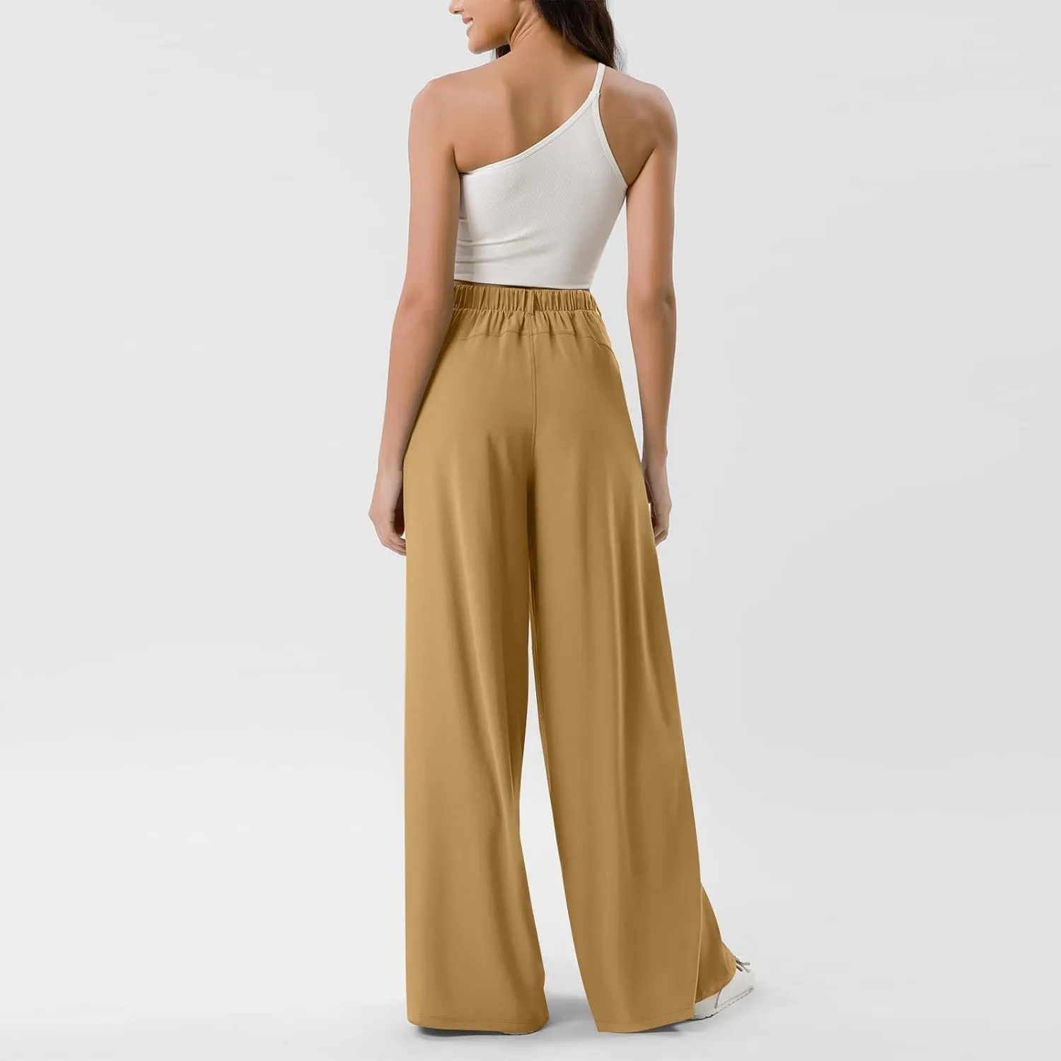 Women Elastic High Waist Palazzo Pants Casual Wide Leg Trousers Loose Work Office Business Suit Pant with Pockets