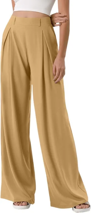 Women Elastic High Waist Palazzo Pants Casual Wide Leg Trousers Loose Work Office Business Suit Pant with Pockets