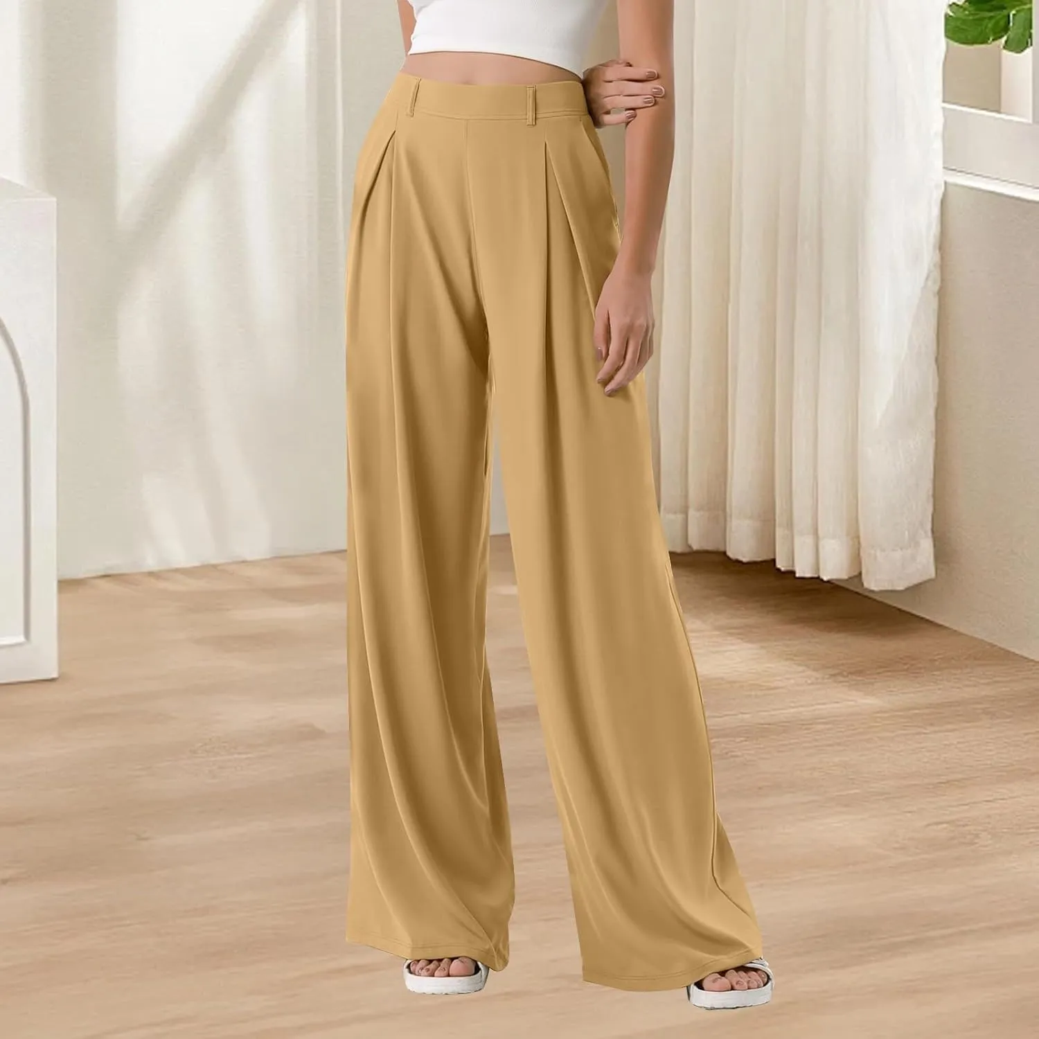 Women Elastic High Waist Palazzo Pants Casual Wide Leg Trousers Loose Work Office Business Suit Pant with Pockets