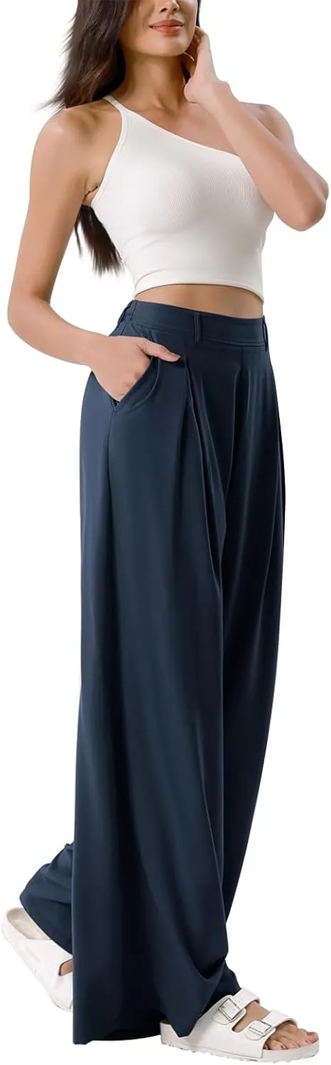 Women Elastic High Waist Palazzo Pants Casual Wide Leg Trousers Loose Work Office Business Suit Pant with Pockets