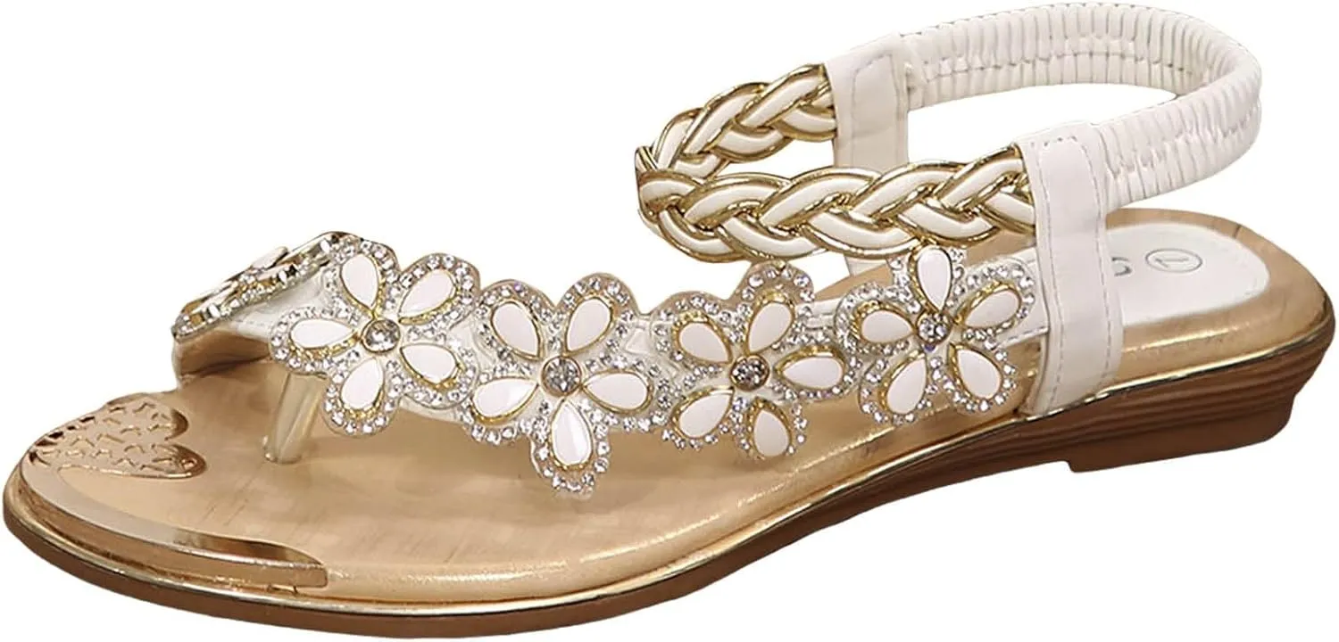 Women Flat Floral Flip Flops Boho Casual Shoes Women's Orthopaedic Sandals Elegant Cork Sandals for Women Suede (White, 6)