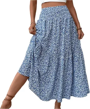 Women Floral Maxi Skirt Smocked High Waist Cotton Flowy Long Skirts Summer Boho Beach Hawaiian Vacation A Line Skirt