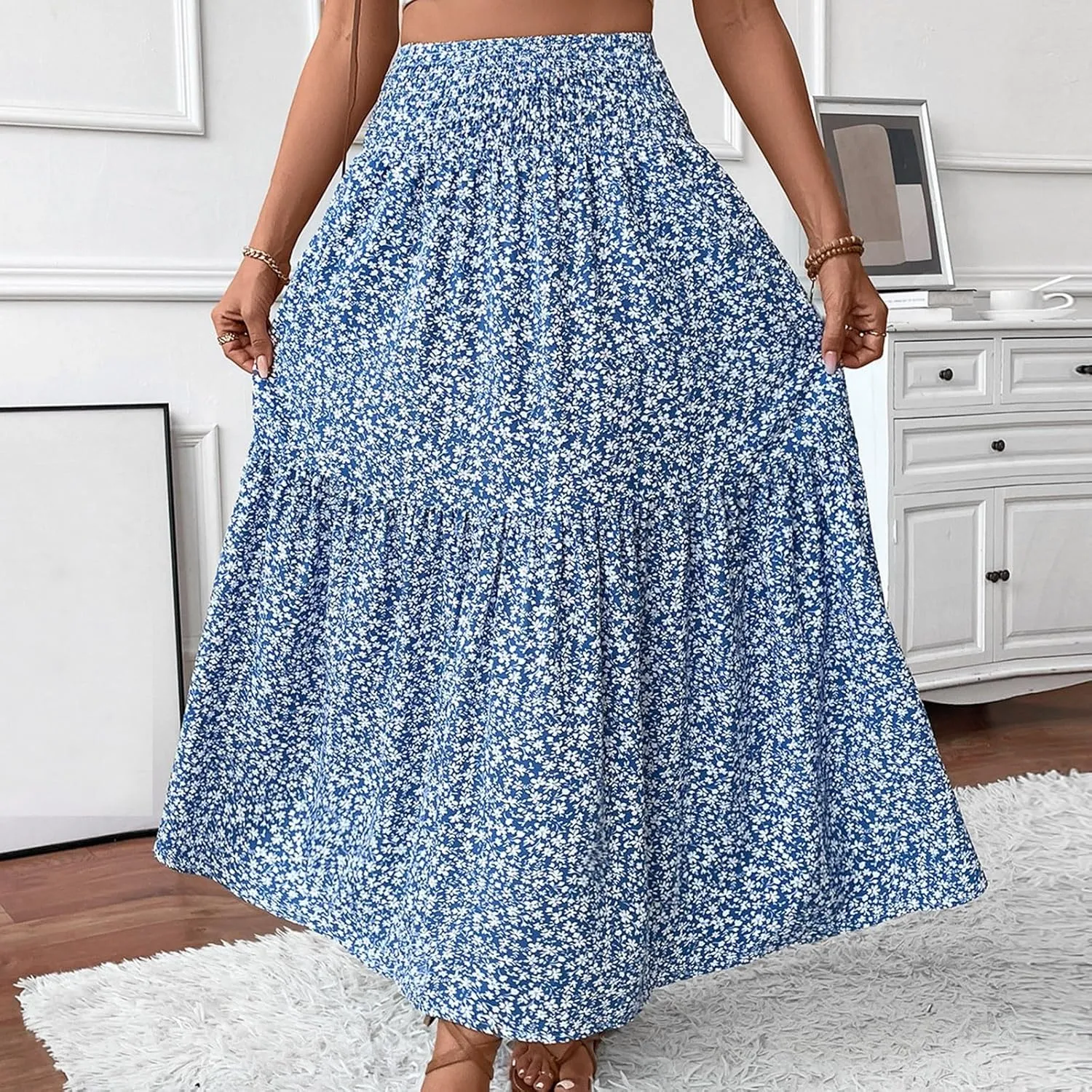 Women Floral Maxi Skirt Smocked High Waist Cotton Flowy Long Skirts Summer Boho Beach Hawaiian Vacation A Line Skirt