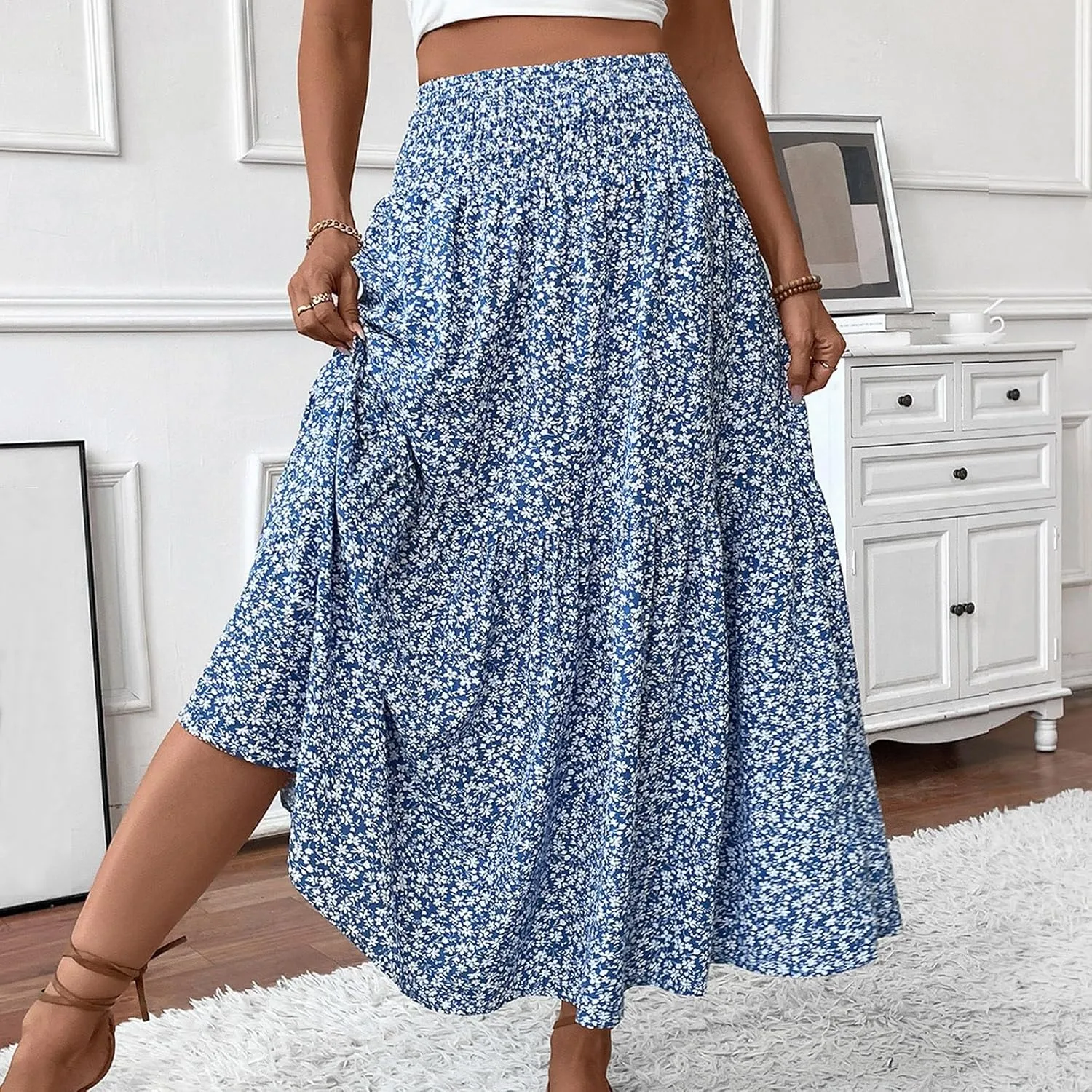 Women Floral Maxi Skirt Smocked High Waist Cotton Flowy Long Skirts Summer Boho Beach Hawaiian Vacation A Line Skirt
