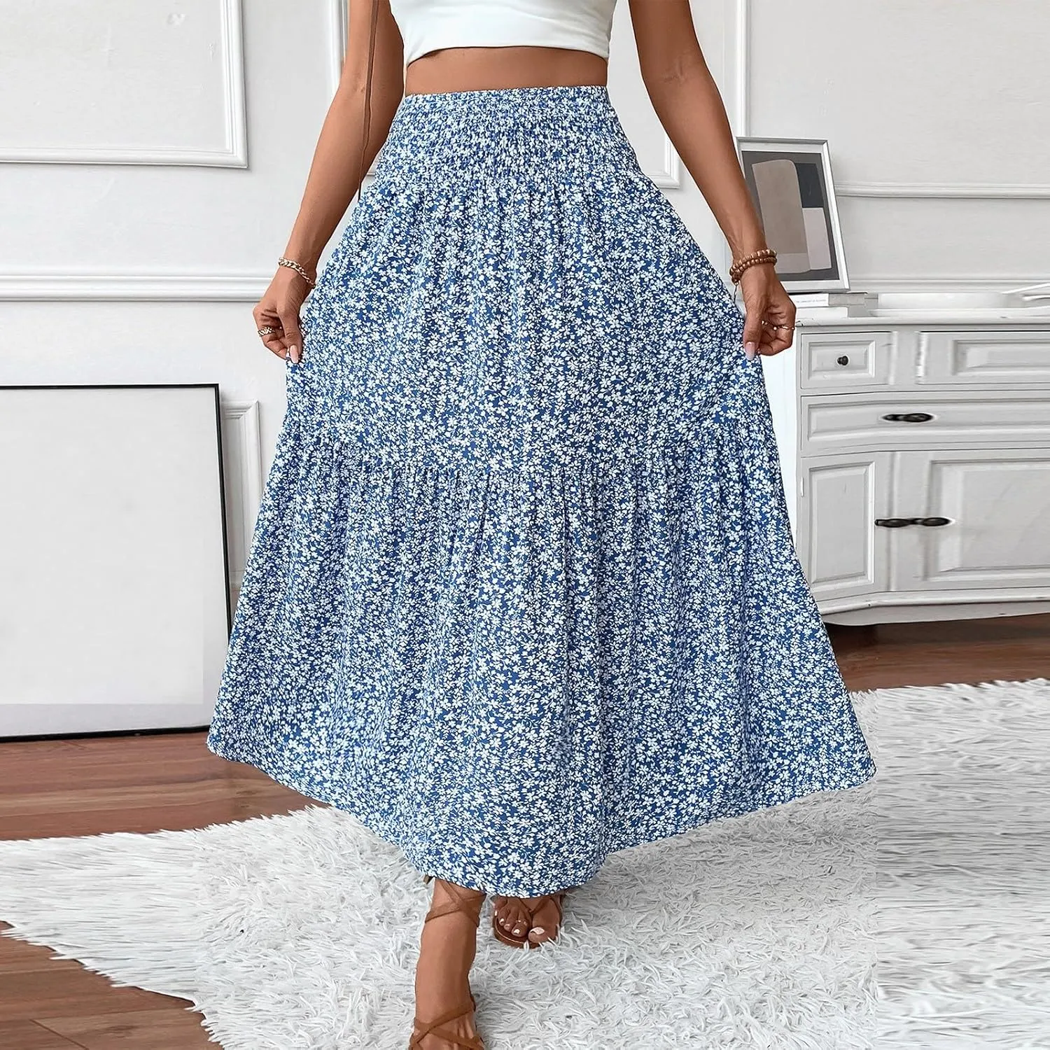 Women Floral Maxi Skirt Smocked High Waist Cotton Flowy Long Skirts Summer Boho Beach Hawaiian Vacation A Line Skirt