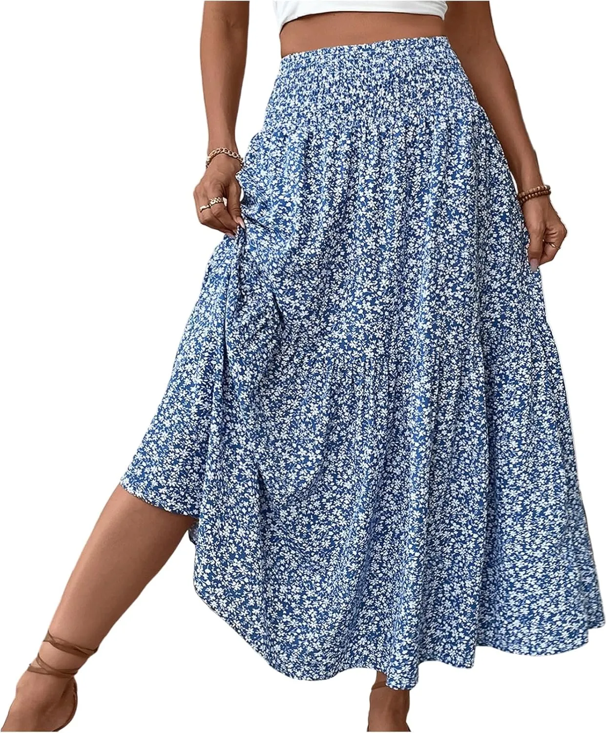 Women Floral Maxi Skirt Smocked High Waist Cotton Flowy Long Skirts Summer Boho Beach Hawaiian Vacation A Line Skirt