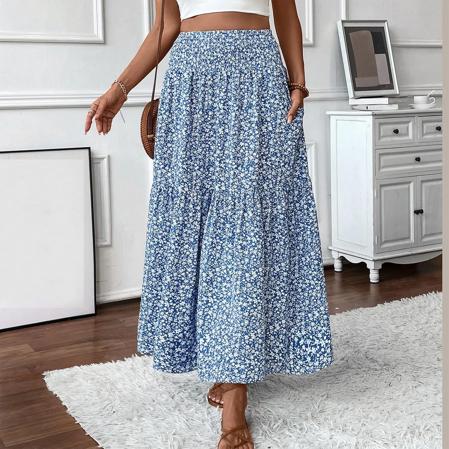 Women Floral Maxi Skirt Smocked High Waist Cotton Flowy Long Skirts Summer Boho Beach Hawaiian Vacation A Line Skirt
