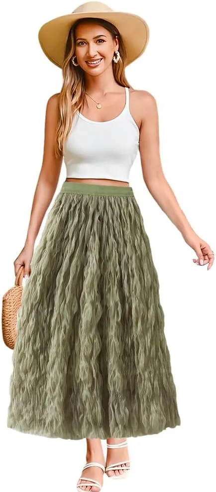 Women High Elastic Waist Pleated Midi Long Skirt Swing A-line Skirts Women's Elastic Waist Midi Long Skirt A Line, Dark Green