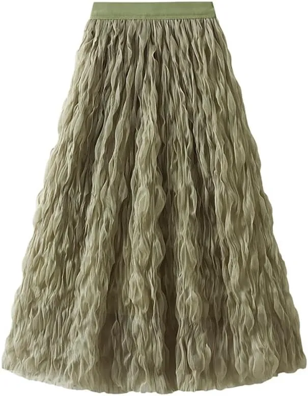 Women High Elastic Waist Pleated Midi Long Skirt Swing A-line Skirts Women's Elastic Waist Midi Long Skirt A Line, Dark Green