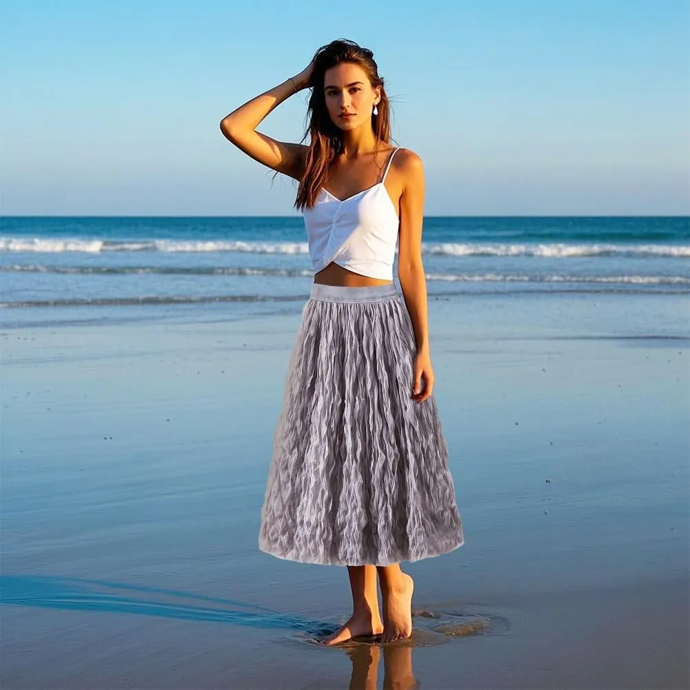 Women High Elastic Waist Pleated Midi Long Skirt Swing A-line Skirts Women's Elastic Waist Midi Long Skirt A Line, Dark Green