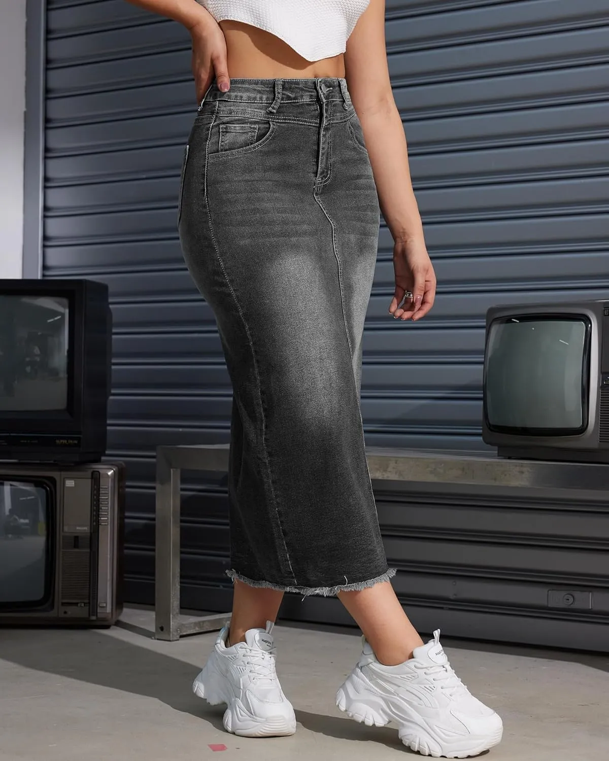 Women High Waist Midi Denim Skirt with Back Slit Casual A-Line Long Jean Skirts with Pockets Ladies