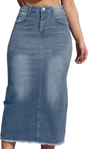 Women High Waist Midi Denim Skirt with Back Slit Casual A-Line Long Jean Skirts with Pockets Ladies