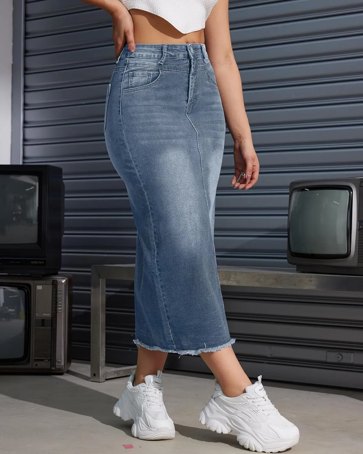 Women High Waist Midi Denim Skirt with Back Slit Casual A-Line Long Jean Skirts with Pockets Ladies