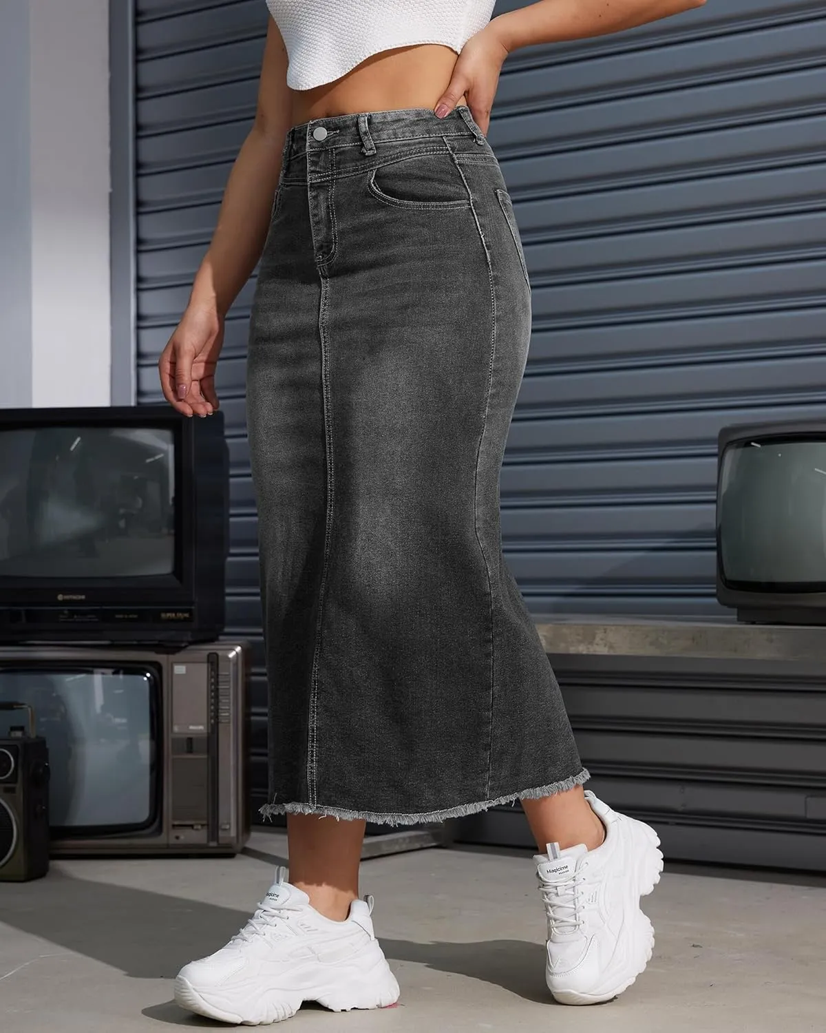 Women High Waist Midi Denim Skirt with Back Slit Casual A-Line Long Jean Skirts with Pockets Ladies
