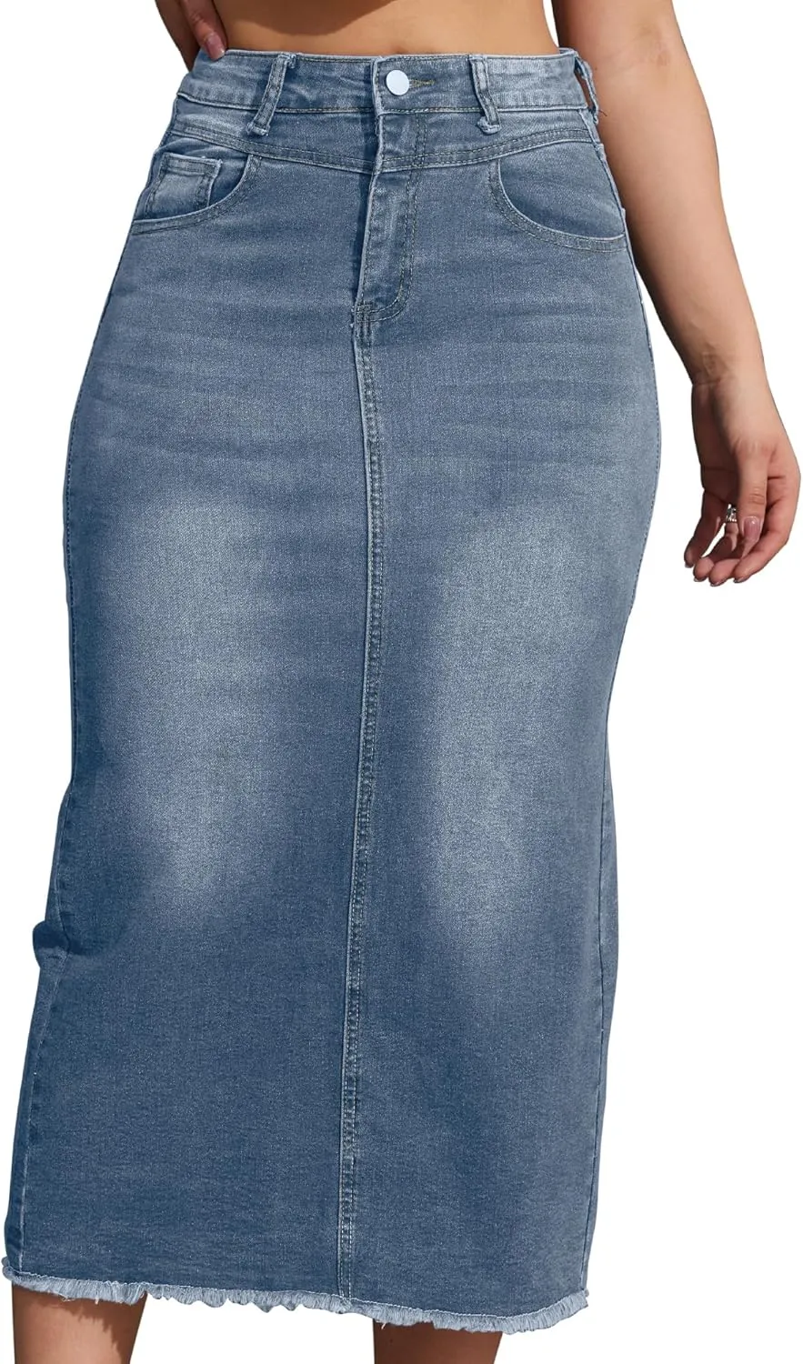 Women High Waist Midi Denim Skirt with Back Slit Casual A-Line Long Jean Skirts with Pockets Ladies