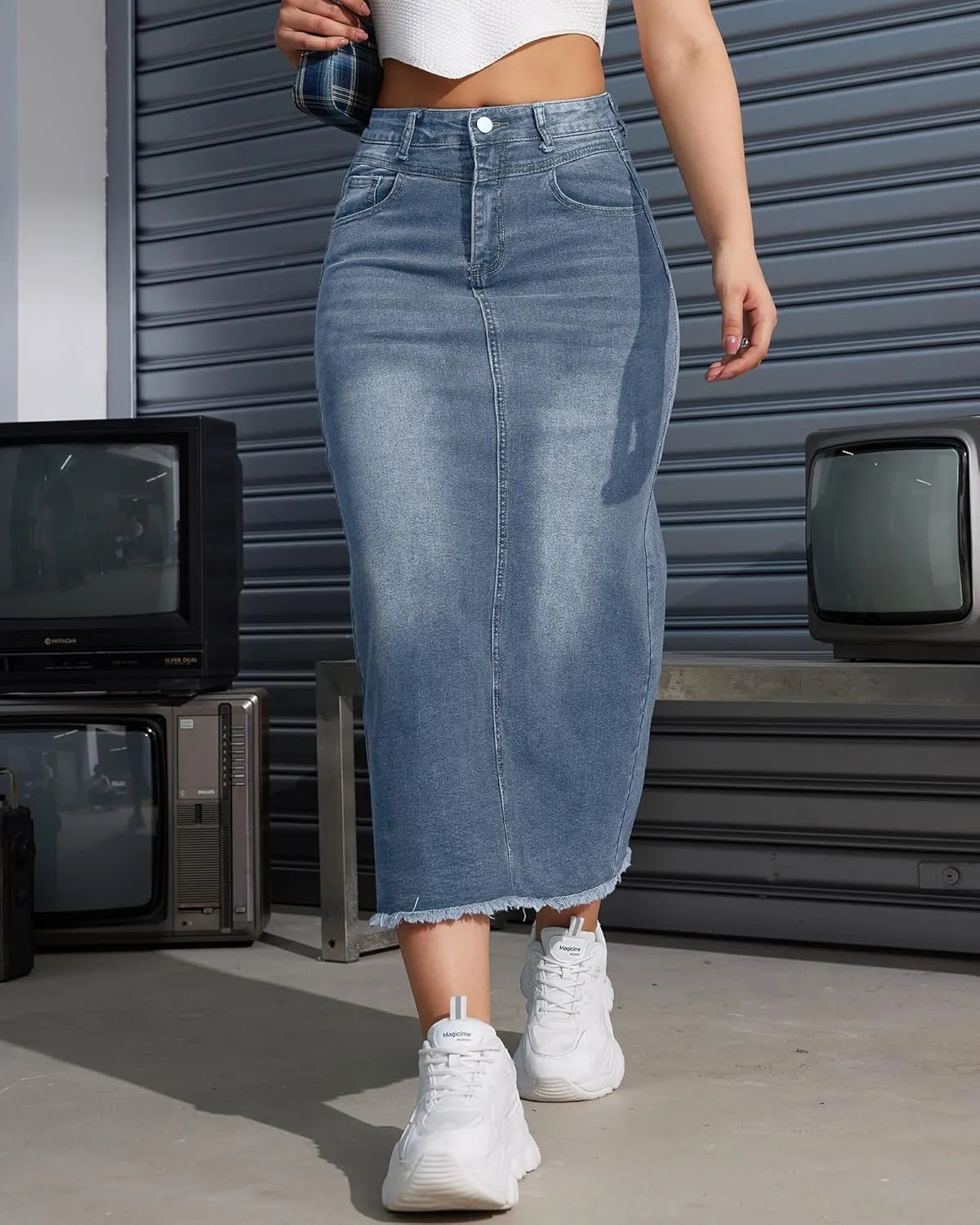 Women High Waist Midi Denim Skirt with Back Slit Casual A-Line Long Jean Skirts with Pockets Ladies