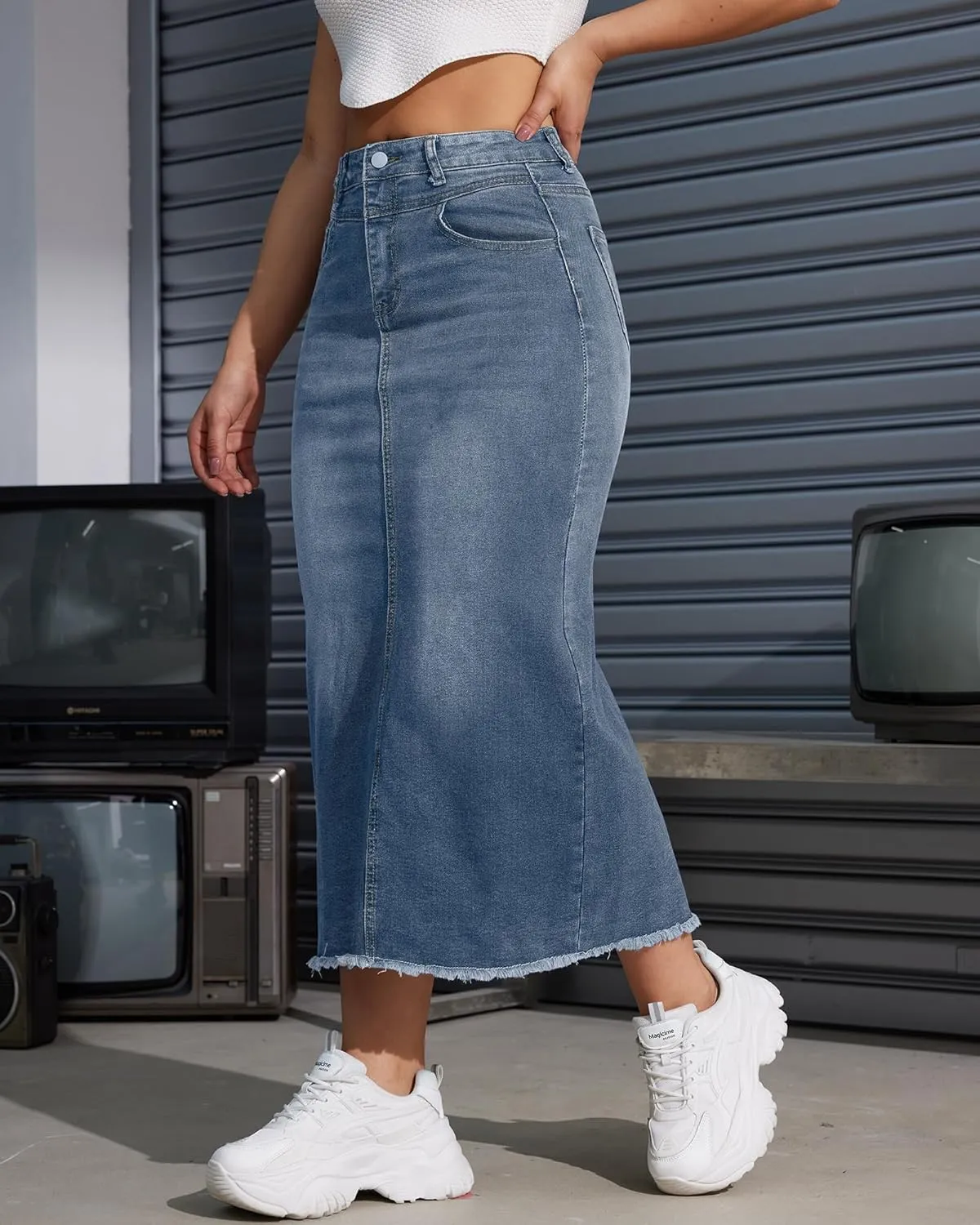 Women High Waist Midi Denim Skirt with Back Slit Casual A-Line Long Jean Skirts with Pockets Ladies
