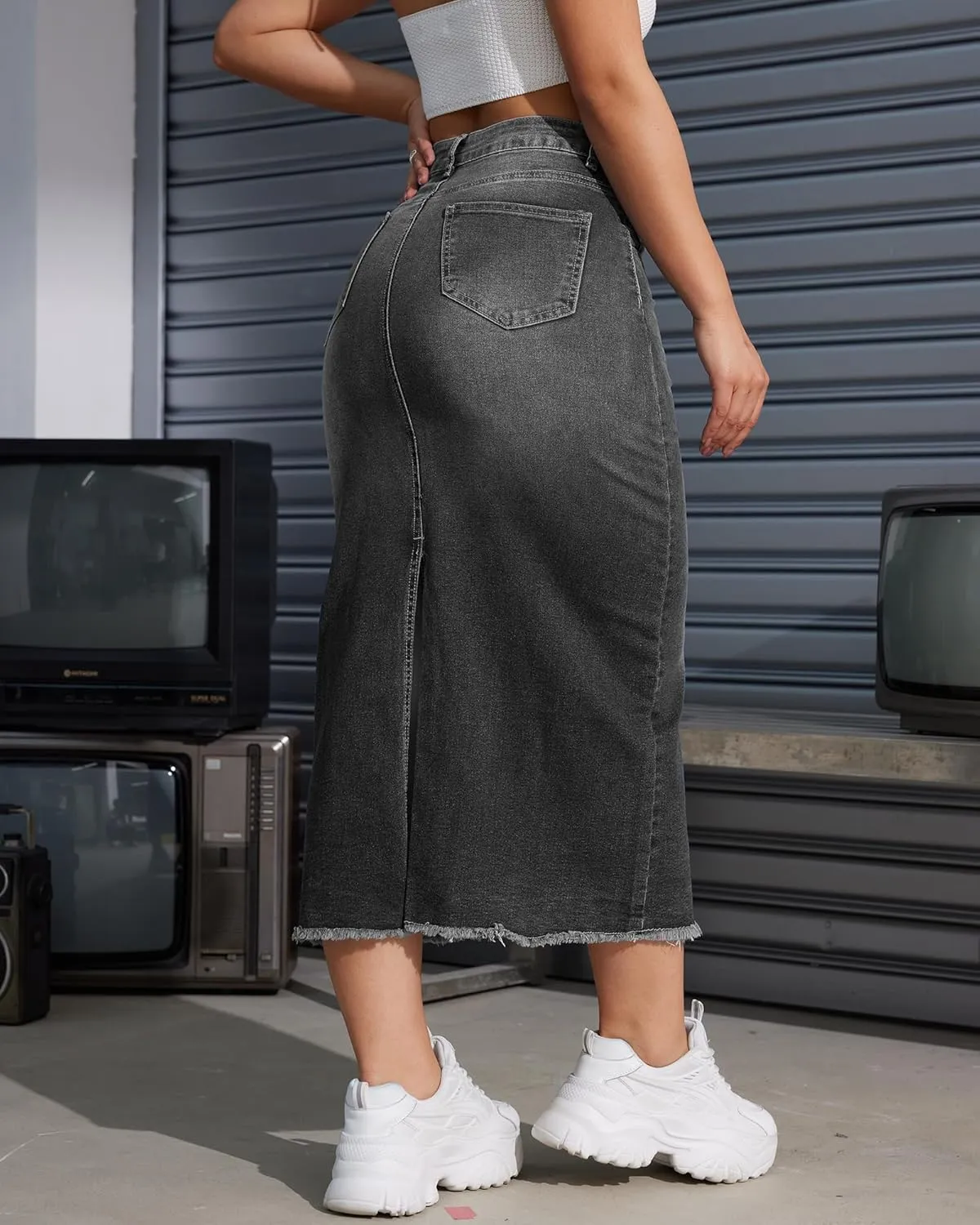 Women High Waist Midi Denim Skirt with Back Slit Casual A-Line Long Jean Skirts with Pockets Ladies