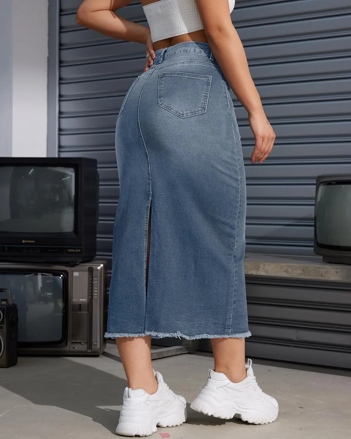 Women High Waist Midi Denim Skirt with Back Slit Casual A-Line Long Jean Skirts with Pockets Ladies