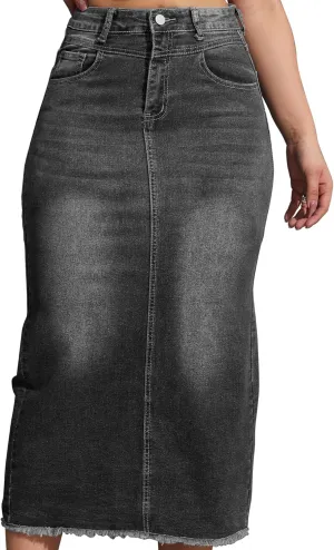 Women High Waist Midi Denim Skirt with Back Slit Casual A-Line Long Jean Skirts with Pockets Ladies