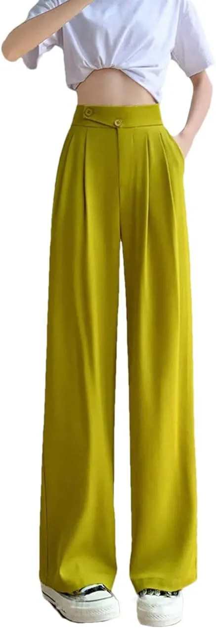 Women High Waist Office Suit Pants Solid Button Pockets Loose Casual Wide Leg Trousers
